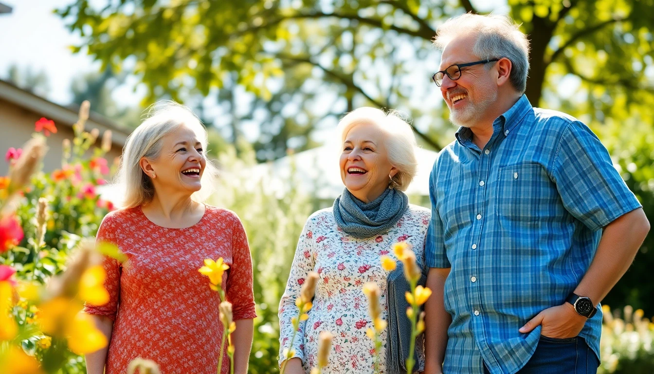 Mehrgenerationenfamilie im Garten, lachend, sonniger Tag