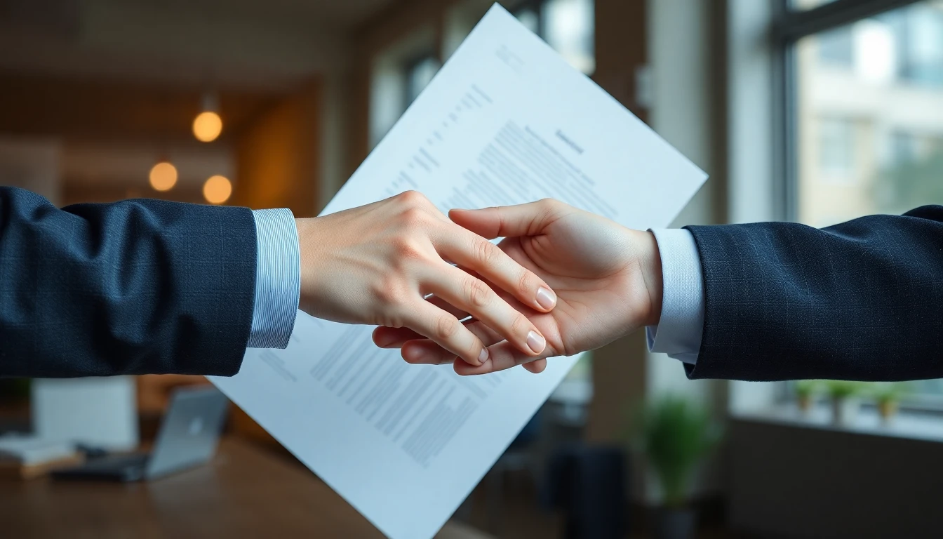 Handschlag zwischen zwei Personen über Dokumente, Vertrauen