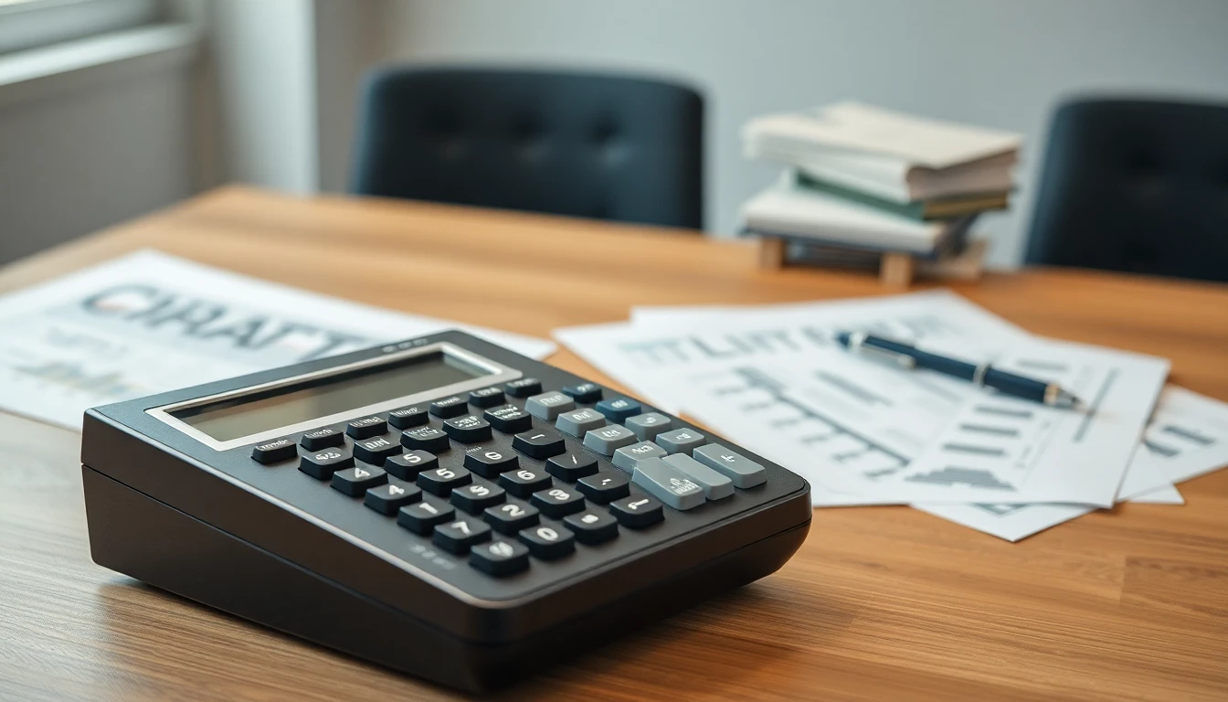 Taschenrechner, Dokumente, Stift auf Holztisch, professionelle Atmosphäre